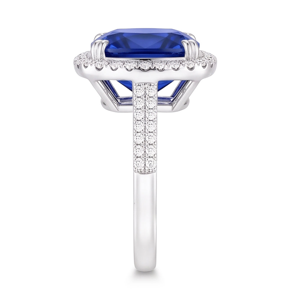 Anello in oro bianco 14K con tanzanite a cuscino grande da 5,70 ct e diamante rotondo