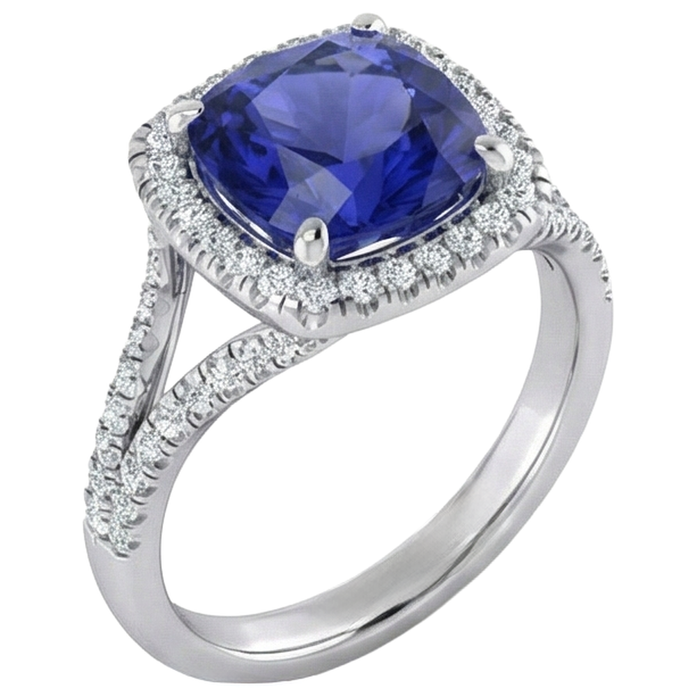 Anello in oro bianco 14K con tanzanite a cuscino grande da 5,70 ct e diamante rotondo