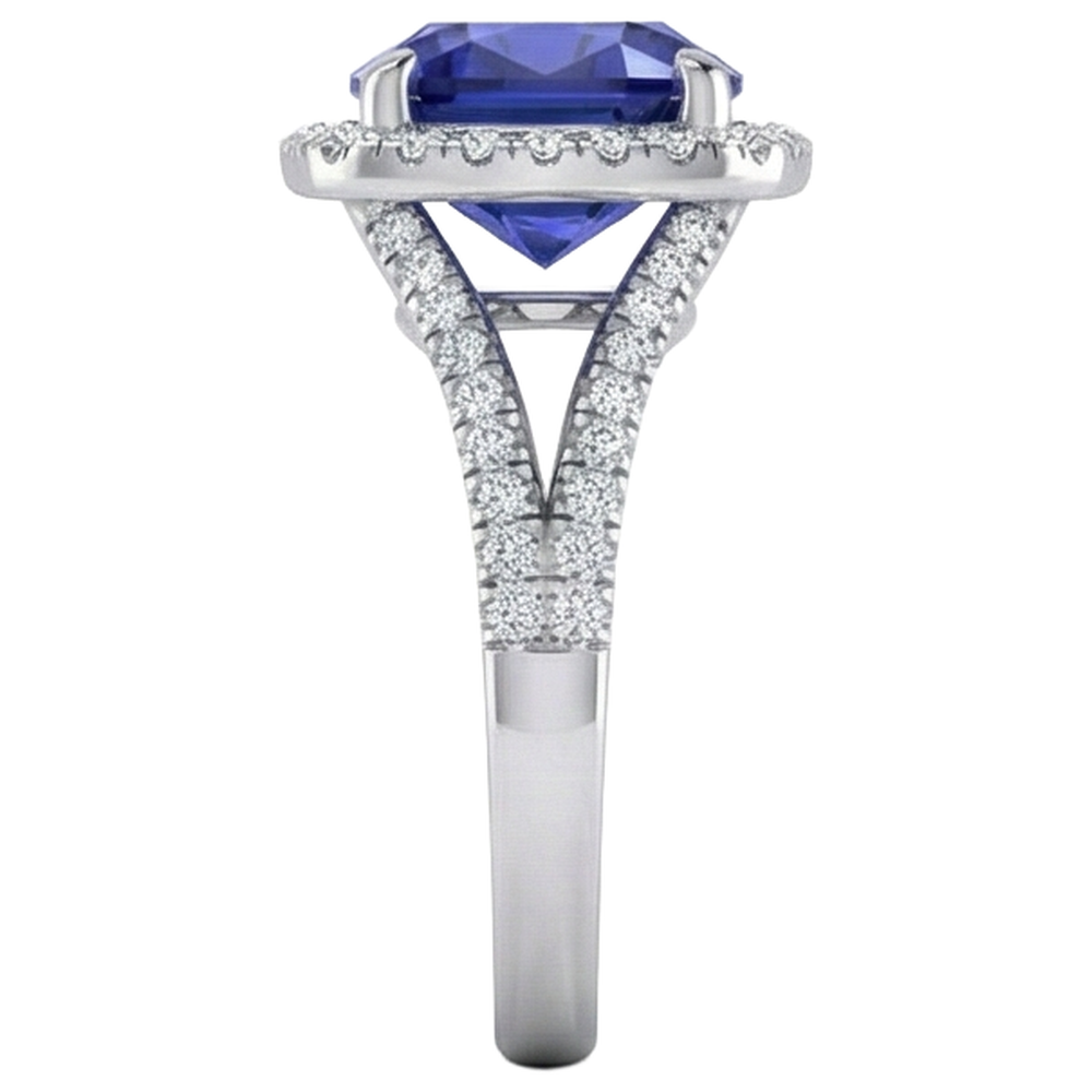Anello in oro bianco 14K con tanzanite a cuscino grande da 5,70 ct e diamante rotondo