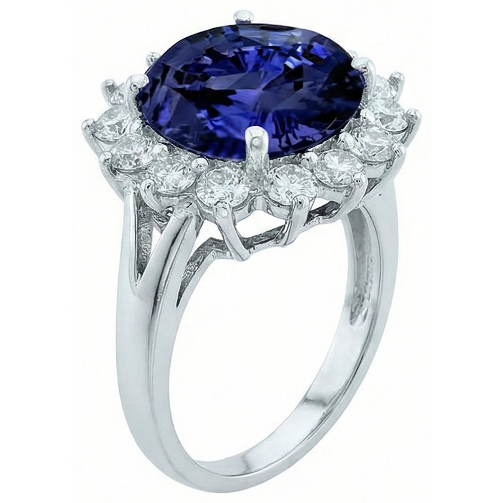 Anello in oro bianco 14K . con tanzanite e diamanti rotondi da 3,26 carati
