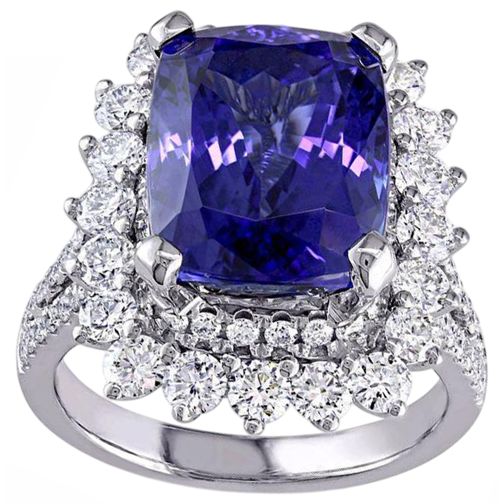 Anello in oro bianco 14K con tanzanite grande e piccoli diamanti da 7.75 carati