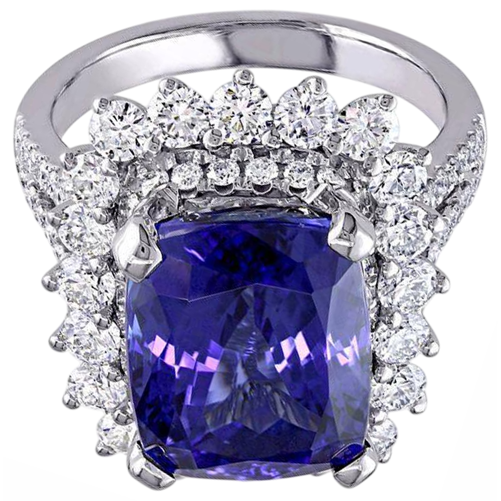 Anello in oro bianco 14K con tanzanite grande e piccoli diamanti da 7.75 carati