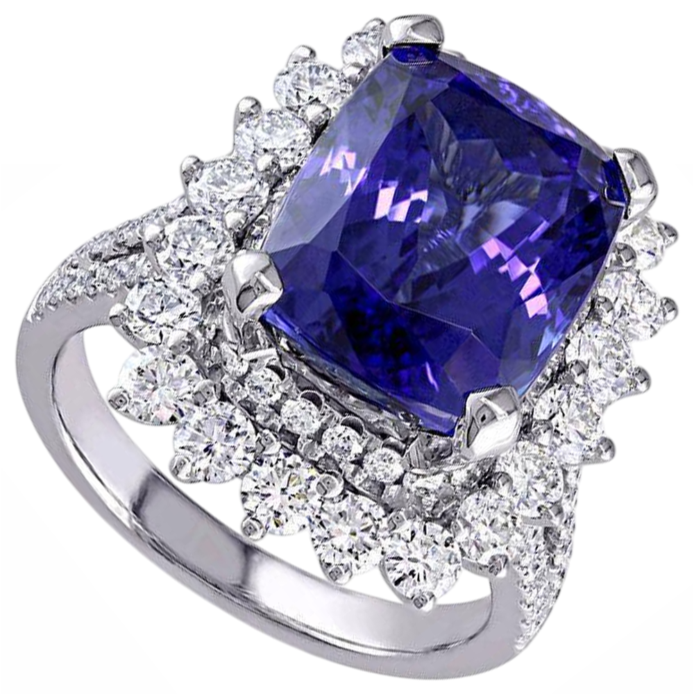Anello in oro bianco 14K con tanzanite grande e piccoli diamanti da 7.75 carati
