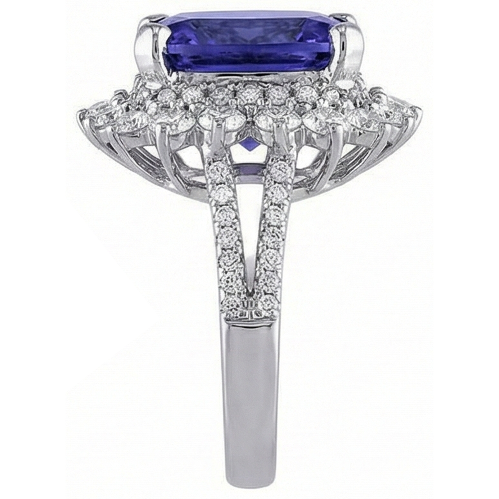 Anello in oro bianco 14K con tanzanite grande e piccoli diamanti da 7.75 carati
