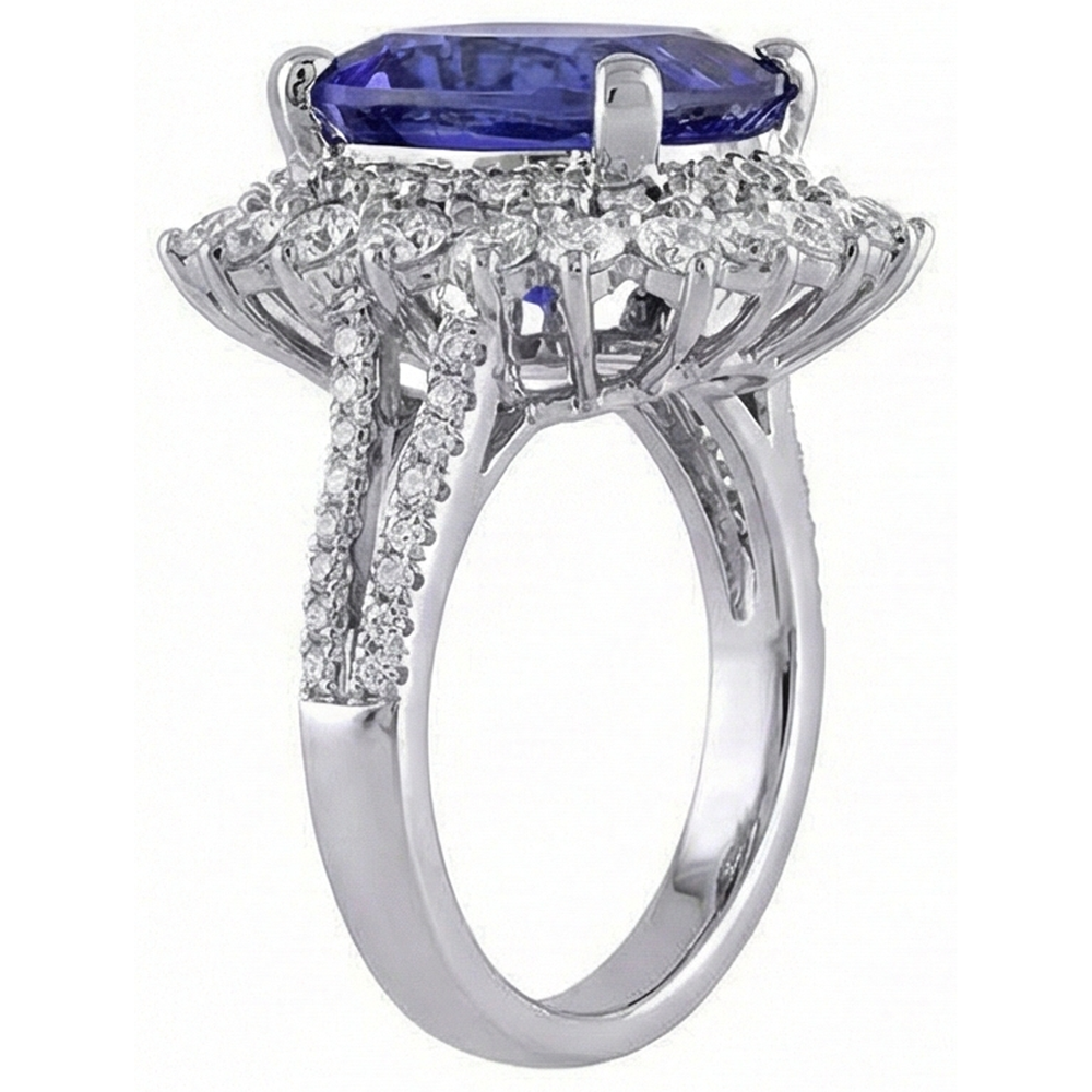 Anello in oro bianco 14K con tanzanite grande e piccoli diamanti da 7.75 carati