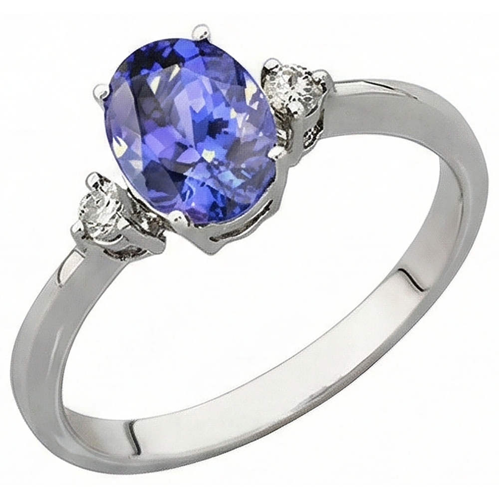 Anello in oro bianco 14K con tanzanite ovale e rotondo da 1.95 carati con diamanti