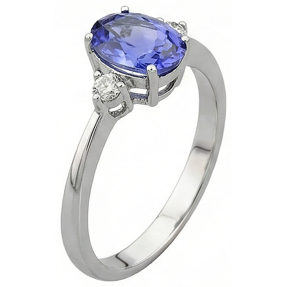 Anello in oro bianco 14K con tanzanite ovale e rotondo da 1.95 carati con diamanti
