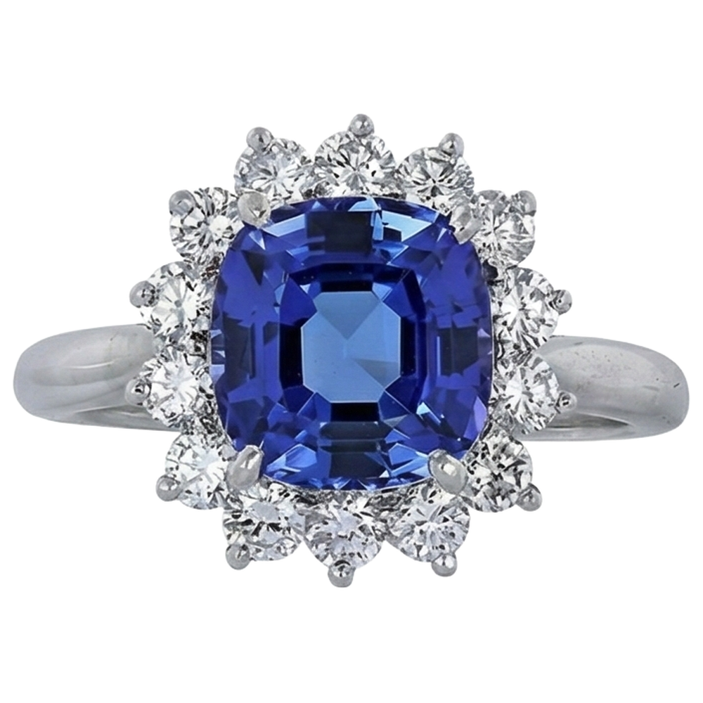 Anello in oro bianco 14K con tanzanite taglio Asscher e diamanti da 4.50 ct