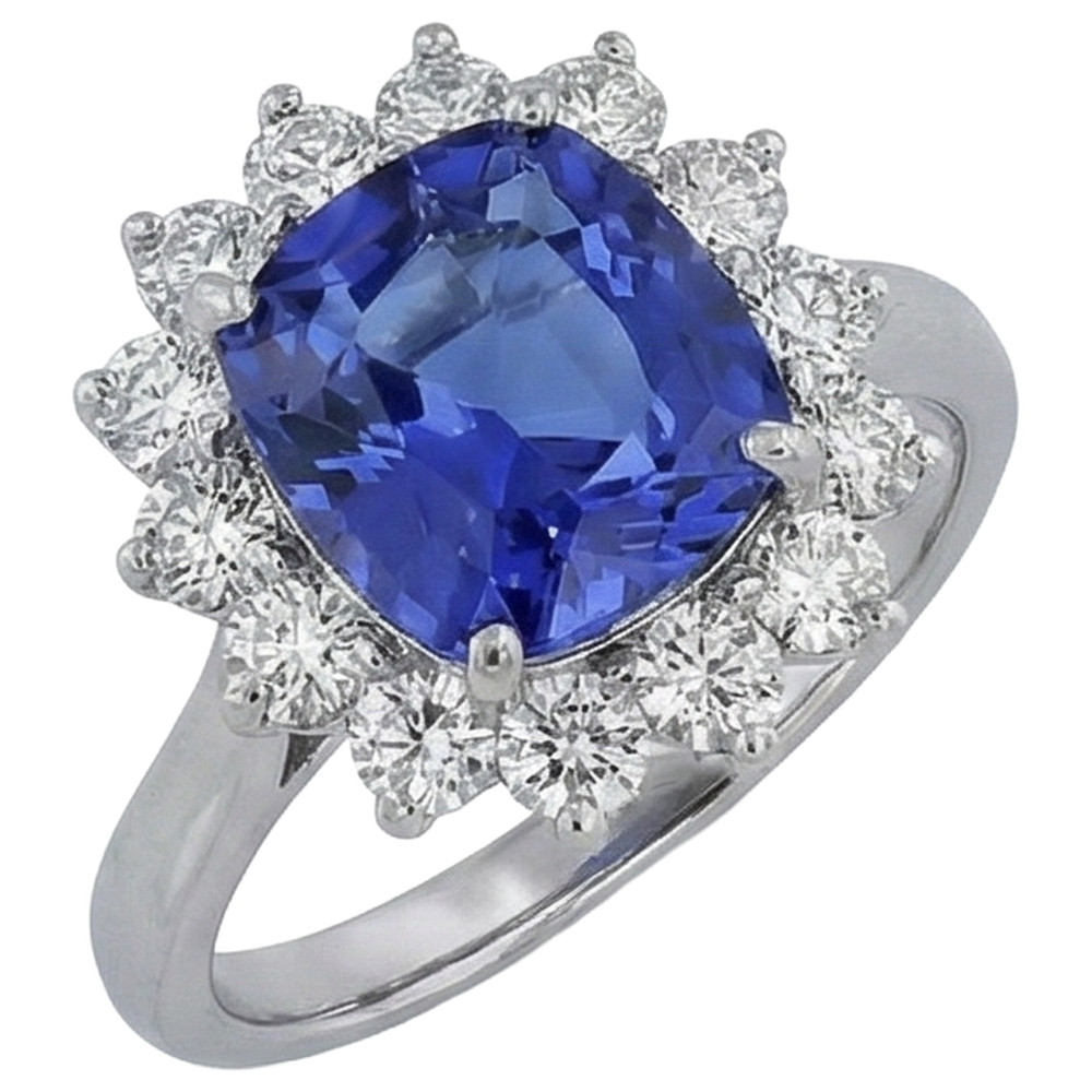 Anello in oro bianco 14K con tanzanite taglio Asscher e diamanti da 4.50 ct