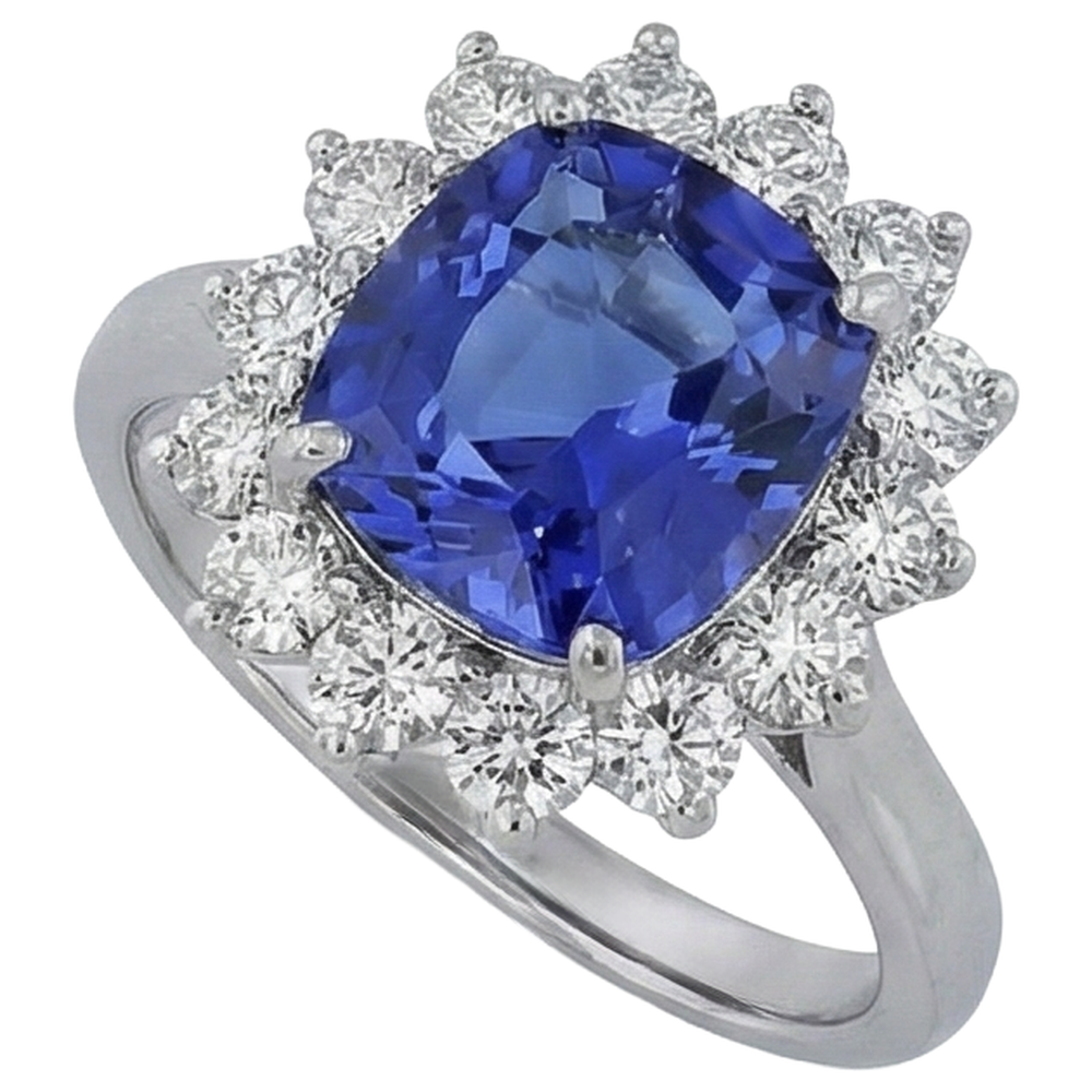 Anello in oro bianco 14K con tanzanite taglio Asscher e diamanti da 4.50 ct