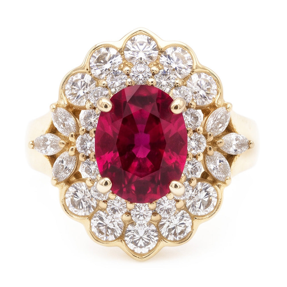 Anello in oro bianco 14K con tormalina rossa e diamanti bianchi da 6.75 carati