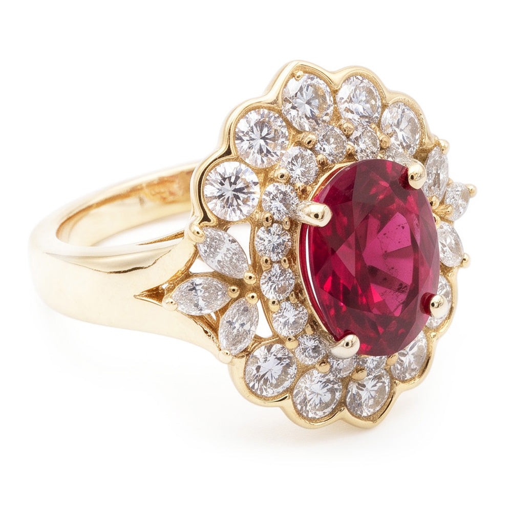 Anello in oro bianco 14K con tormalina rossa e diamanti bianchi da 6.75 carati