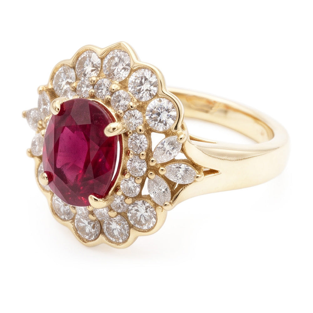Anello in oro bianco 14K con tormalina rossa e diamanti bianchi da 6.75 carati