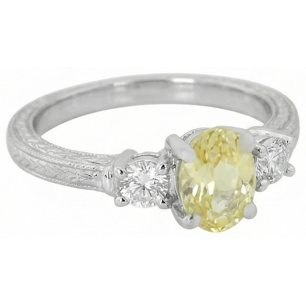 Anello in oro bianco 14K con tre pietre di zaffiro giallo e diamanti da 3 ct
