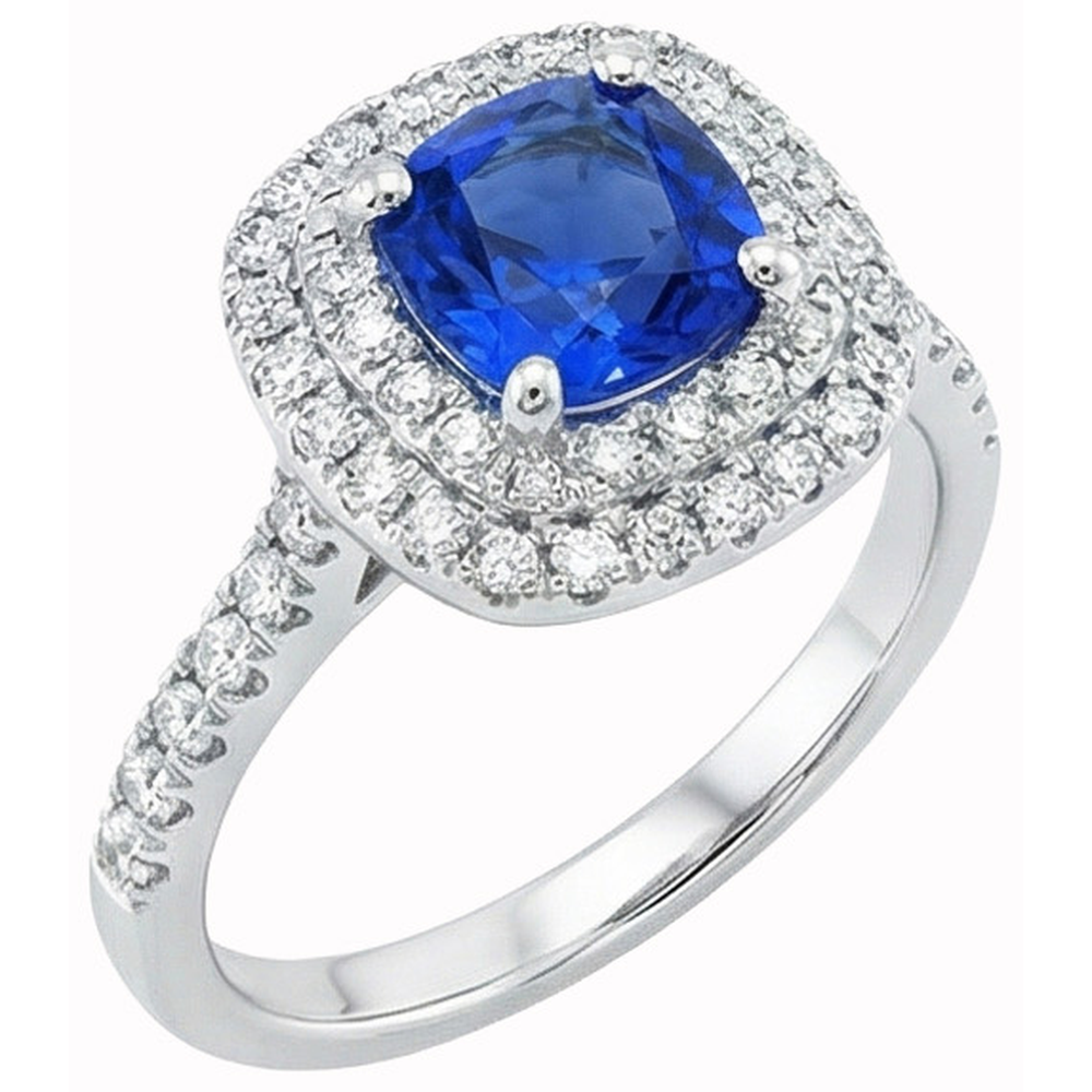 Anello in oro bianco 14K con zaffiro a cuscino blu da 2 ct e diamante rotondo aureola