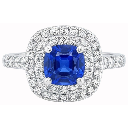 Anello in oro bianco 14K con zaffiro a cuscino blu da 2 ct e diamante rotondo aureola