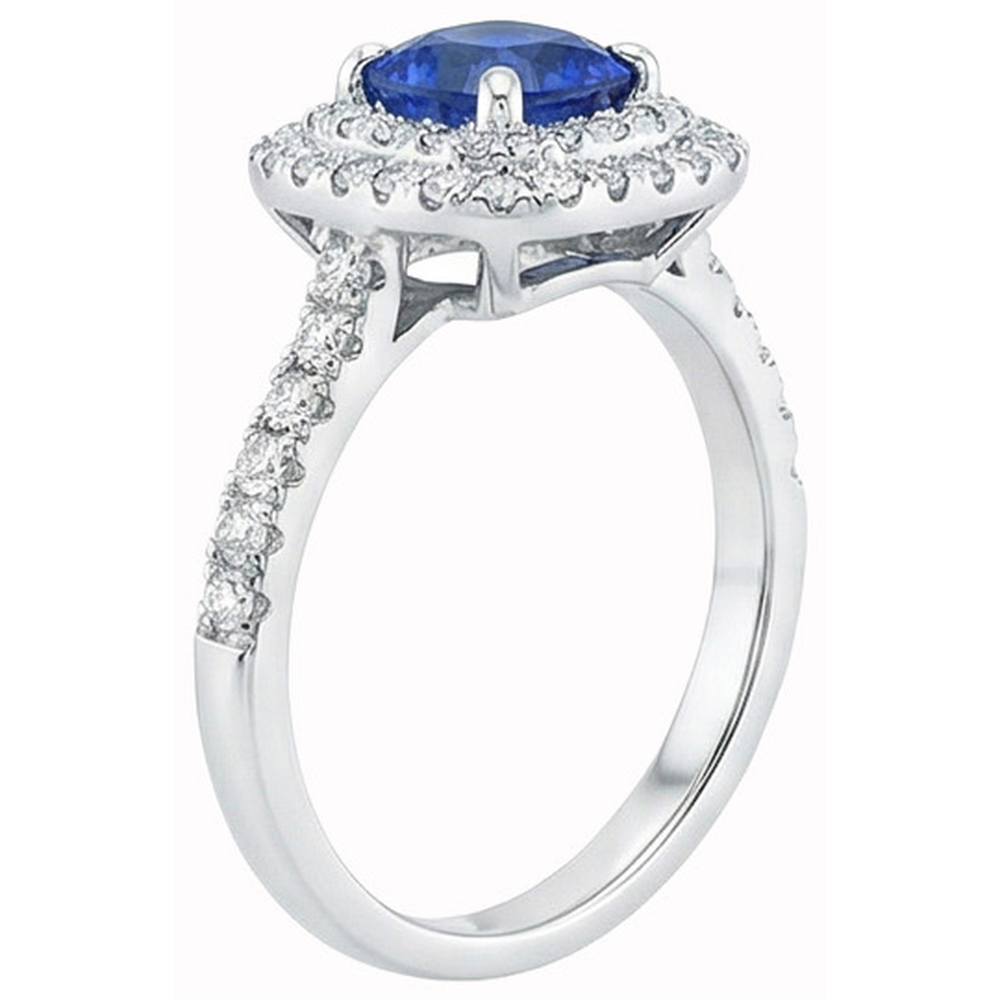 Anello in oro bianco 14K con zaffiro a cuscino blu da 2 ct e diamante rotondo aureola