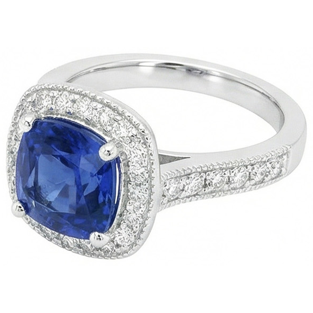 Anello in oro bianco 14K con zaffiro blu di Ceylon da 3,70 ct e diamante