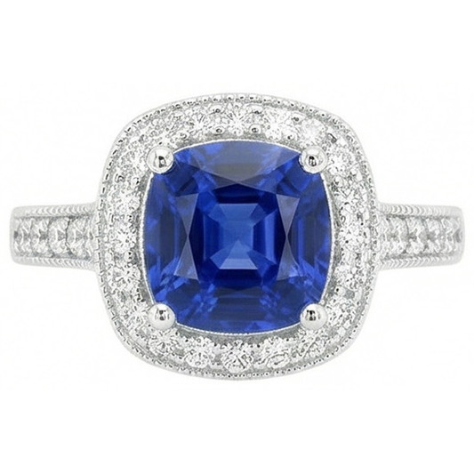 Anello in oro bianco 14K con zaffiro blu di Ceylon da 3,70 ct e diamante