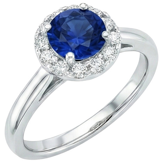 Anello in oro bianco 14K con zaffiro blu di Ceylon rotondo da 2,10 carati e diamanti