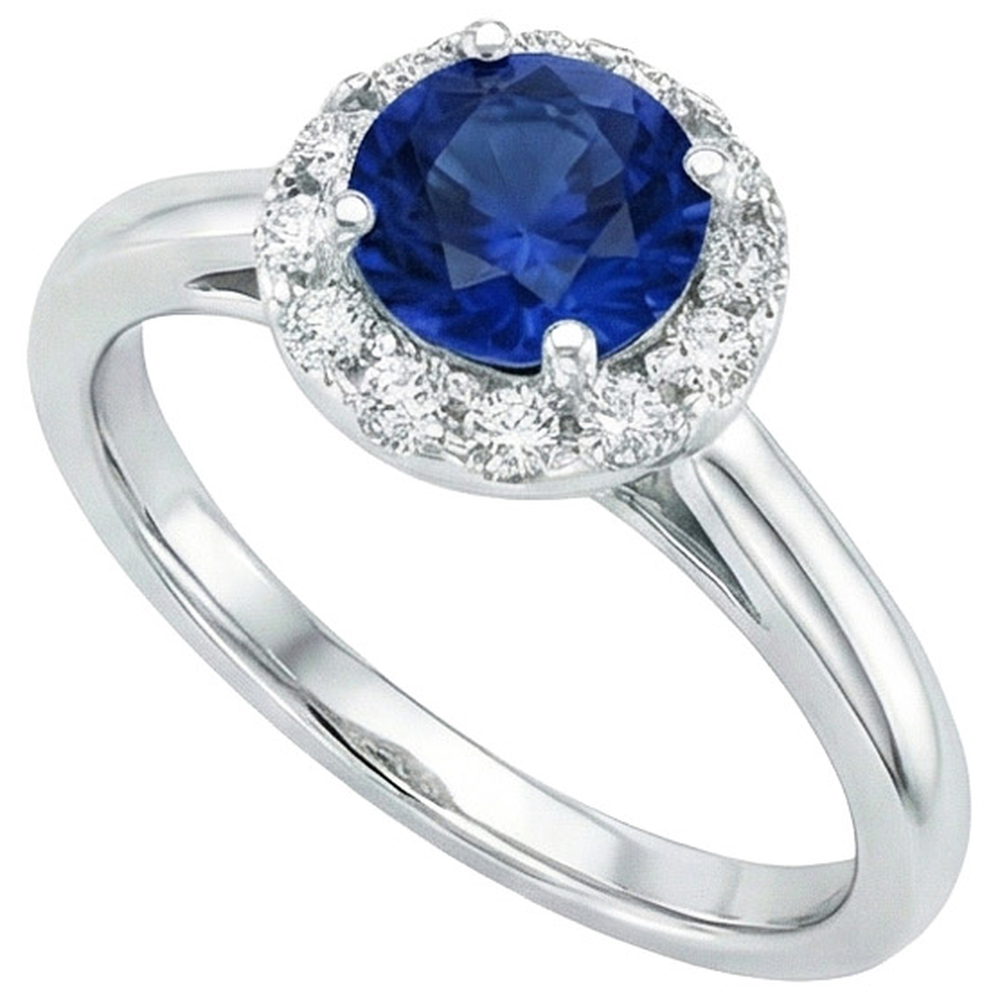 Anello in oro bianco 14K con zaffiro blu di Ceylon rotondo da 2,10 carati e diamanti