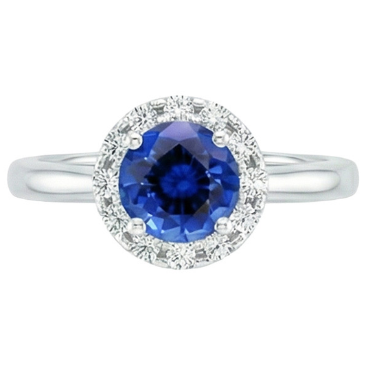 Anello in oro bianco 14K con zaffiro blu di Ceylon rotondo da 2,10 carati e diamanti