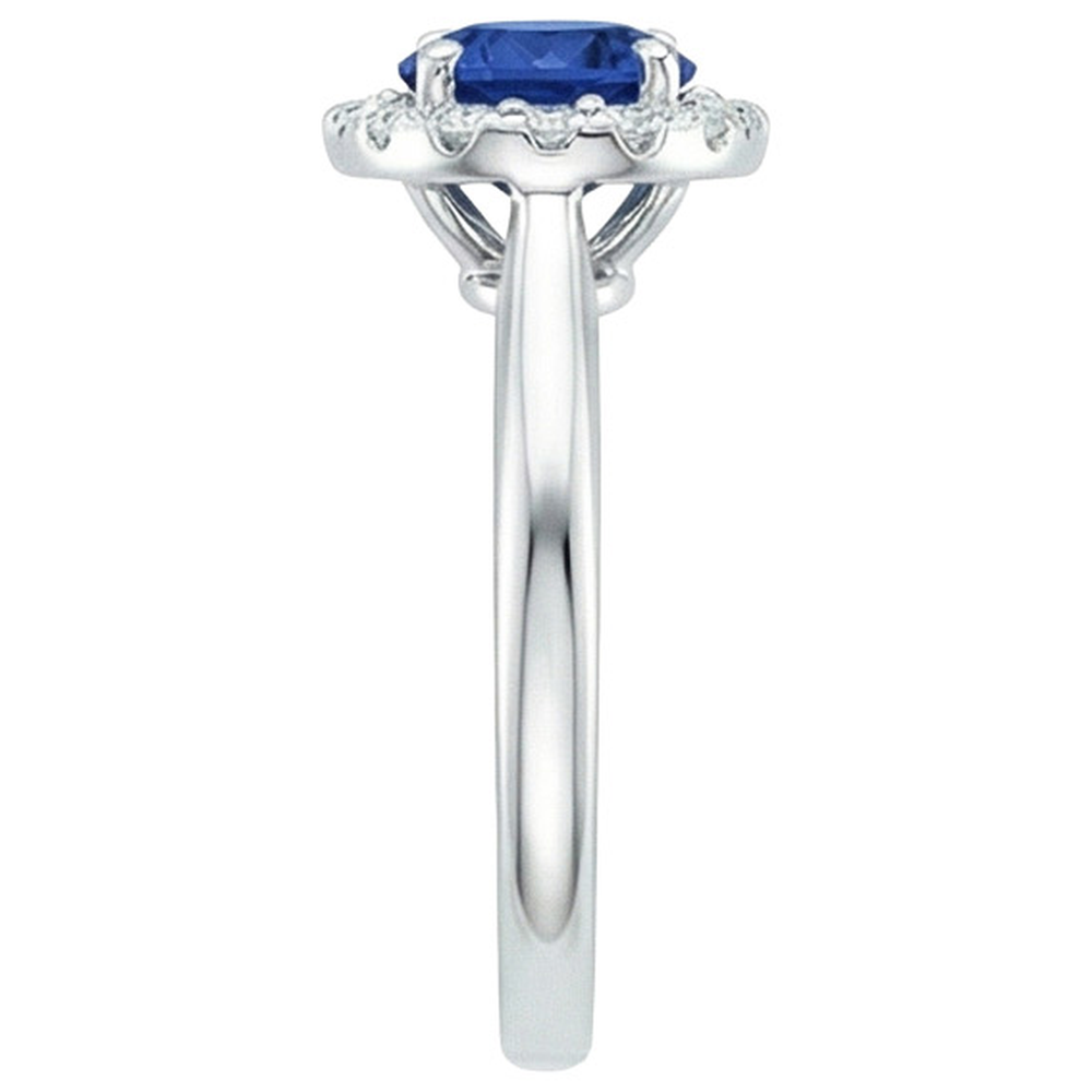 Anello in oro bianco 14K con zaffiro blu di Ceylon rotondo da 2,10 carati e diamanti