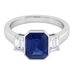 Anello in oro bianco 14K con zaffiro blu smeraldo e diamanti Princess da 1,50 ct