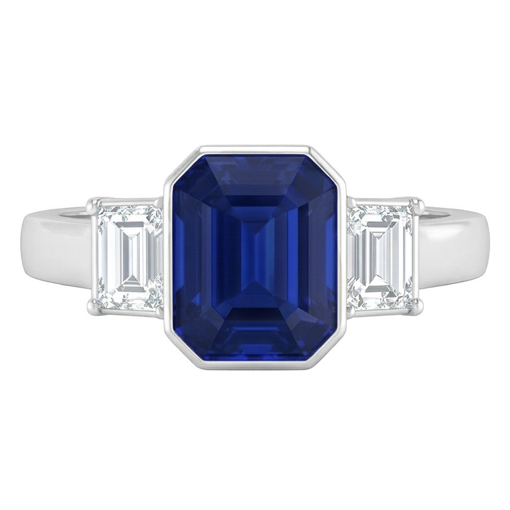 Anello in oro bianco 14K con zaffiro blu smeraldo e diamanti Princess da 1,50 ct
