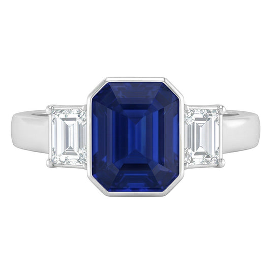 Anello in oro bianco 14K con zaffiro blu smeraldo e diamanti Princess da 1,50 ct