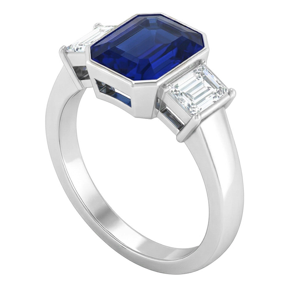 Anello in oro bianco 14K con zaffiro blu smeraldo e diamanti Princess da 1,50 ct