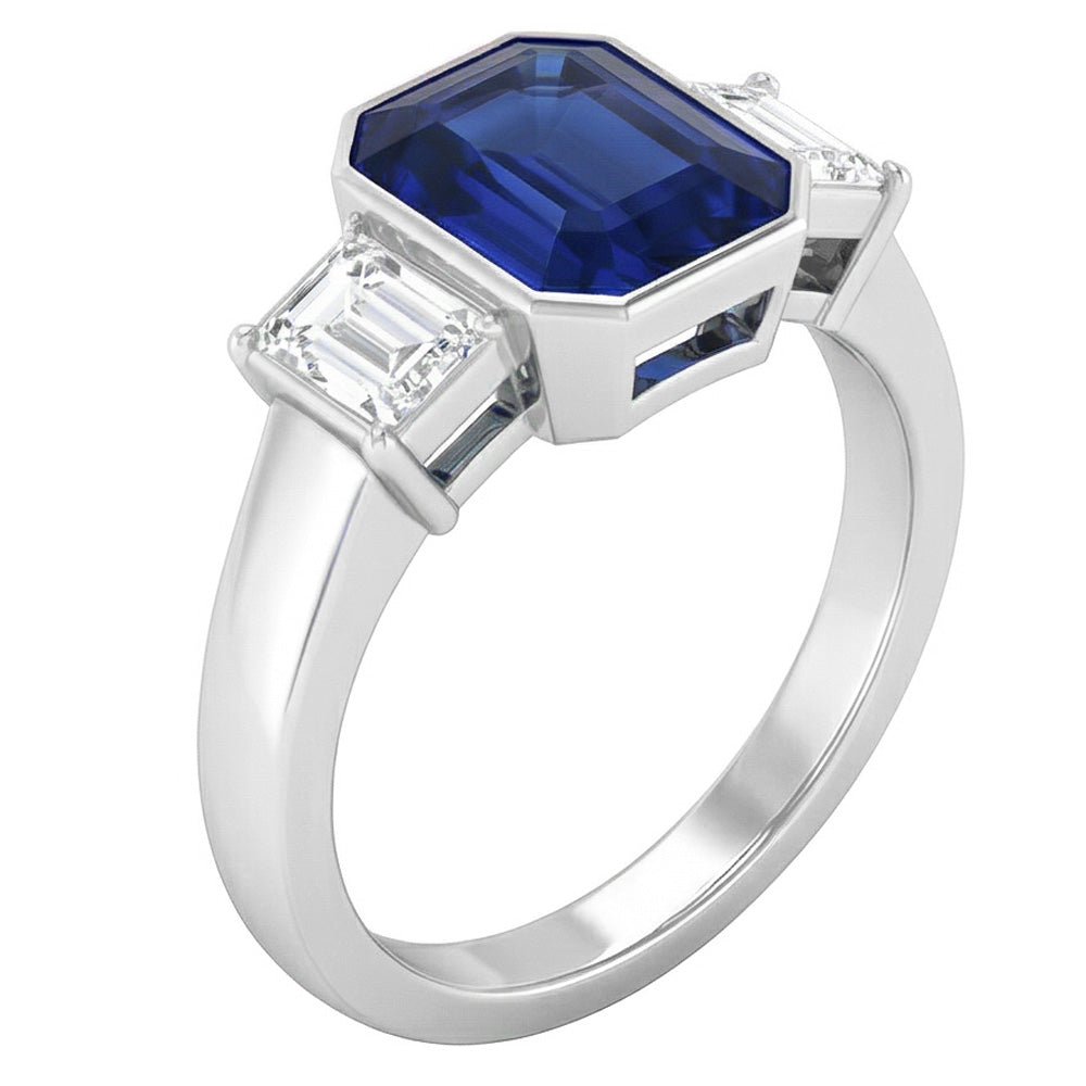 Anello in oro bianco 14K con zaffiro blu smeraldo e diamanti Princess da 1,50 ct