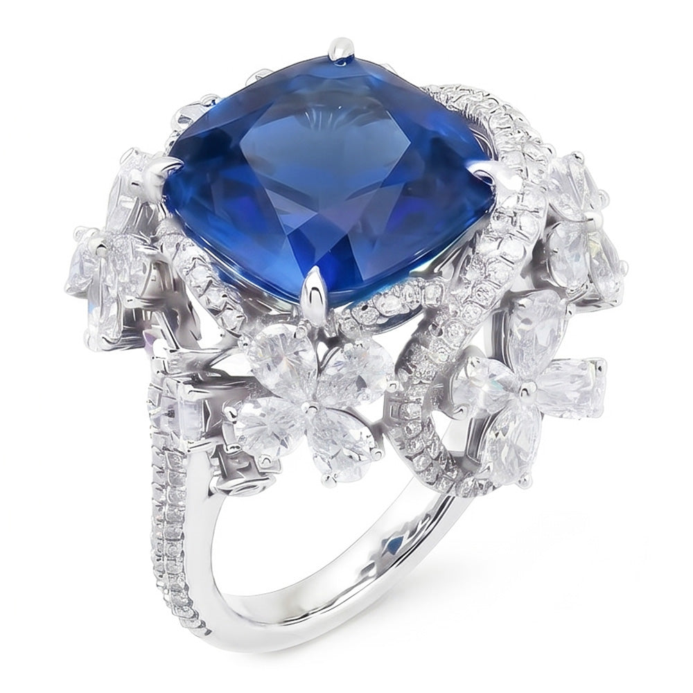 Anello in oro bianco 14K con zaffiro blu taglio pera e diamanti 9.50 carati