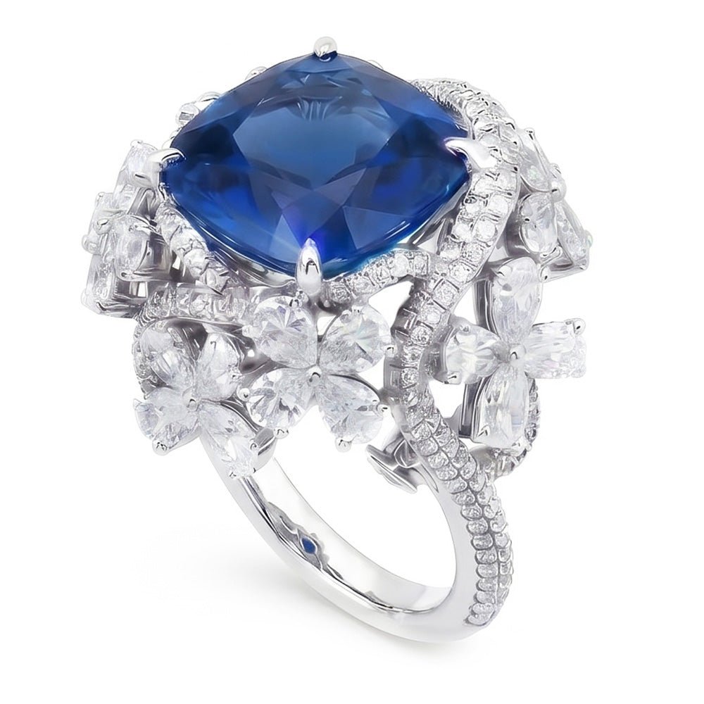 Anello in oro bianco 14K con zaffiro blu taglio pera e diamanti 9.50 carati