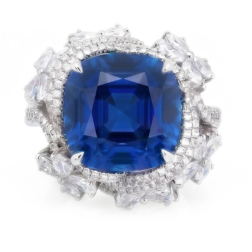 Anello in oro bianco 14K con zaffiro blu taglio pera e diamanti 9.50 carati