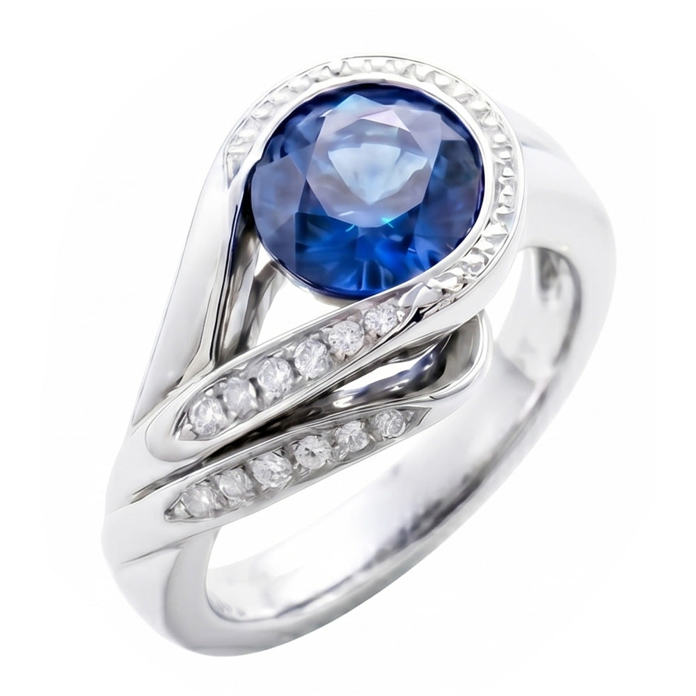 Anello in oro bianco 14K con zaffiro blu taglio rotondo e diamanti da 2,50 ct