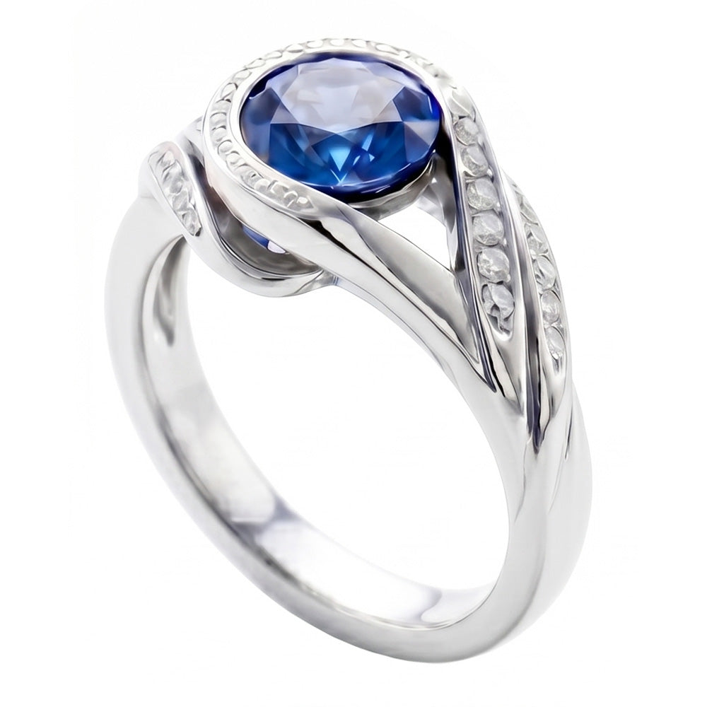 Anello in oro bianco 14K con zaffiro blu taglio rotondo e diamanti da 2,50 ct