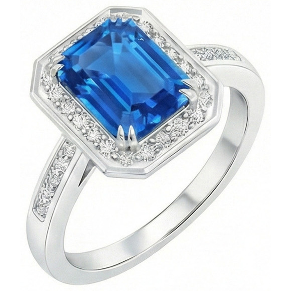Anello in oro bianco 14K con zaffiro dello Sri Lanka da 3,40 ct e diamanti