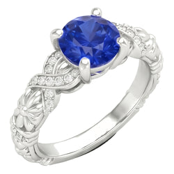 Anello in oro bianco 14K con zaffiro di Ceylon a taglio rotondo da 1,90 ct e diamanti