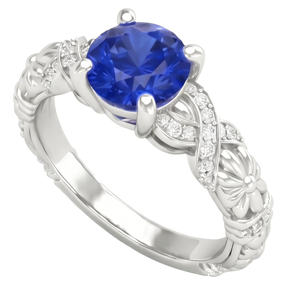 Anello in oro bianco 14K con zaffiro di Ceylon a taglio rotondo da 1,90 ct e diamanti