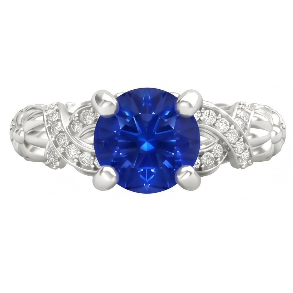 Anello in oro bianco 14K con zaffiro di Ceylon a taglio rotondo da 1,90 ct e diamanti
