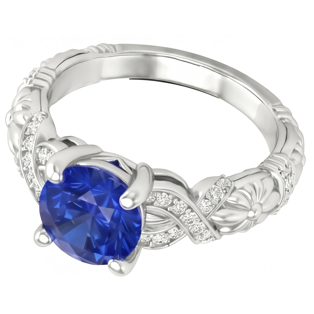 Anello in oro bianco 14K con zaffiro di Ceylon a taglio rotondo da 1,90 ct e diamanti