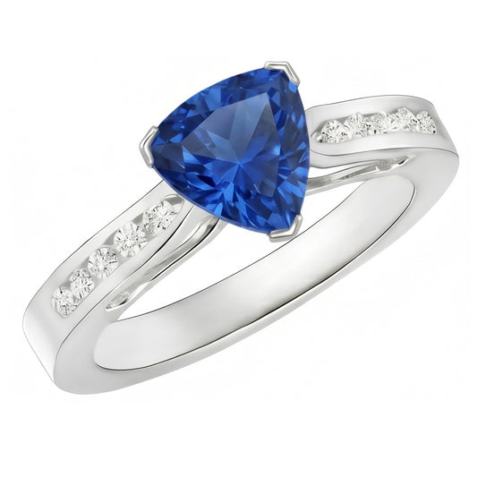 Anello in oro bianco 14K con zaffiro di Ceylon e diamanti da 2 carati