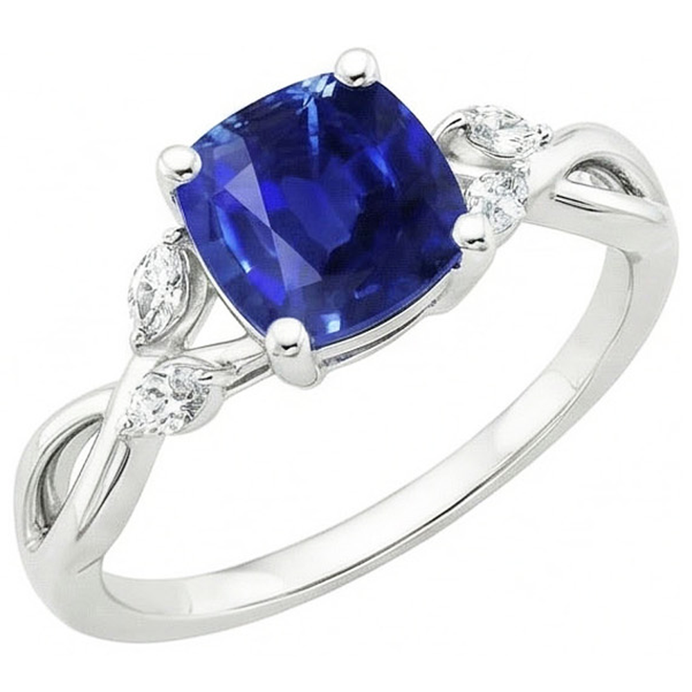 Anello in oro bianco 14K con zaffiro di Ceylon e diamanti da 2,10 carati