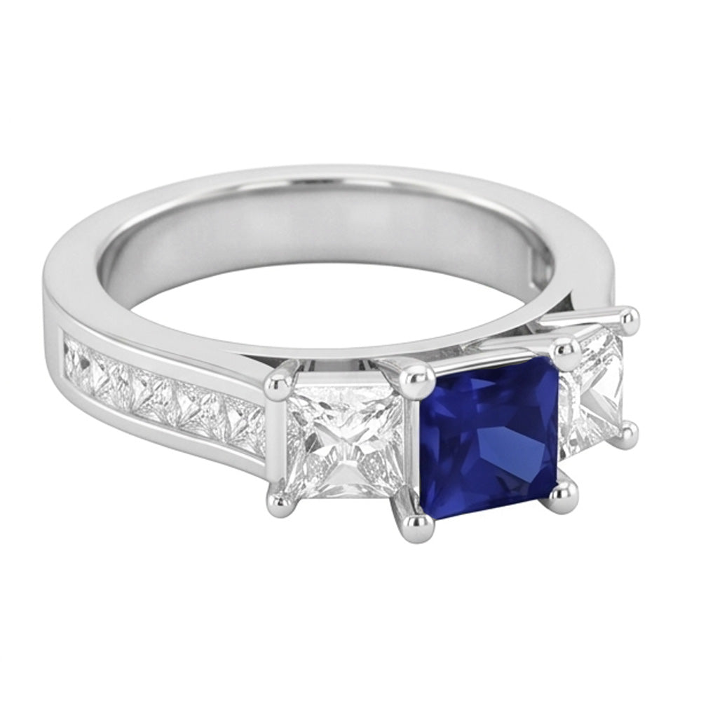Anello in oro bianco 14K con zaffiro di Ceylon e diamanti taglio princess da 3,50 ct