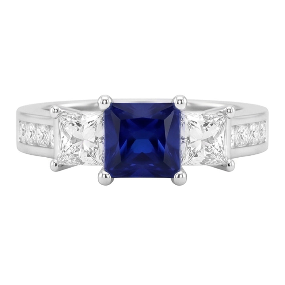 Anello in oro bianco 14K con zaffiro di Ceylon e diamanti taglio princess da 3,50 ct