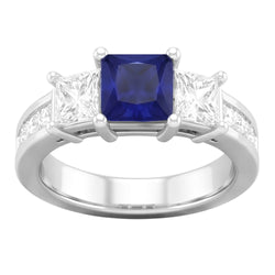 Anello in oro bianco 14K con zaffiro di Ceylon e diamanti taglio princess da 3,50 ct