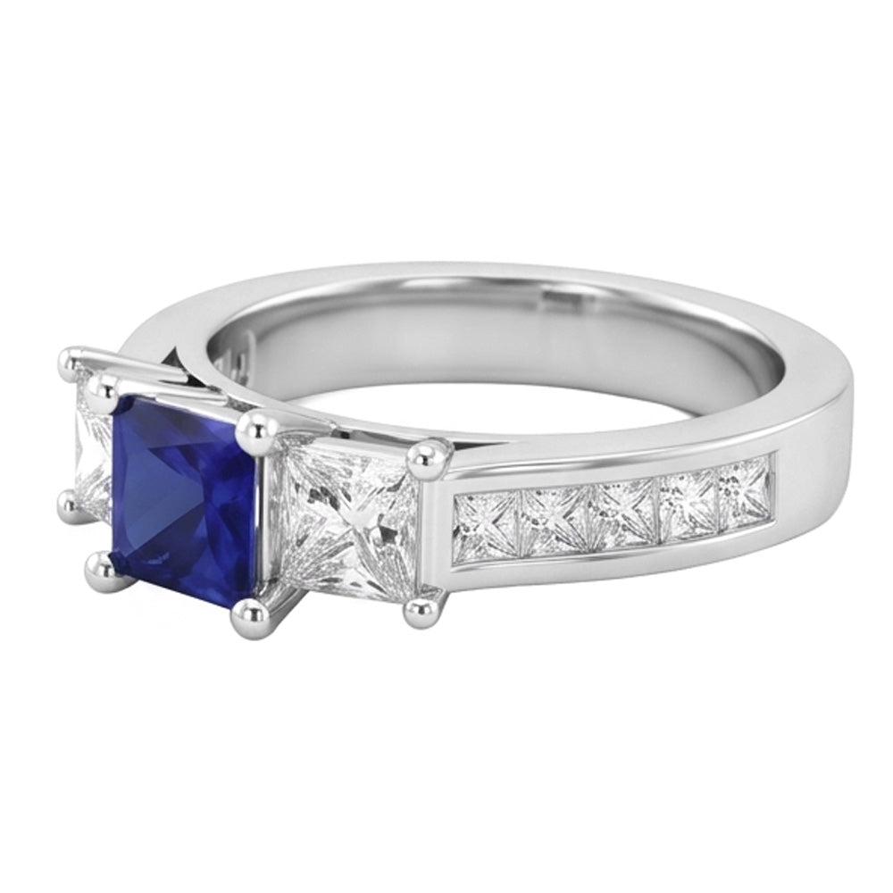 Anello in oro bianco 14K con zaffiro di Ceylon e diamanti taglio princess da 3,50 ct