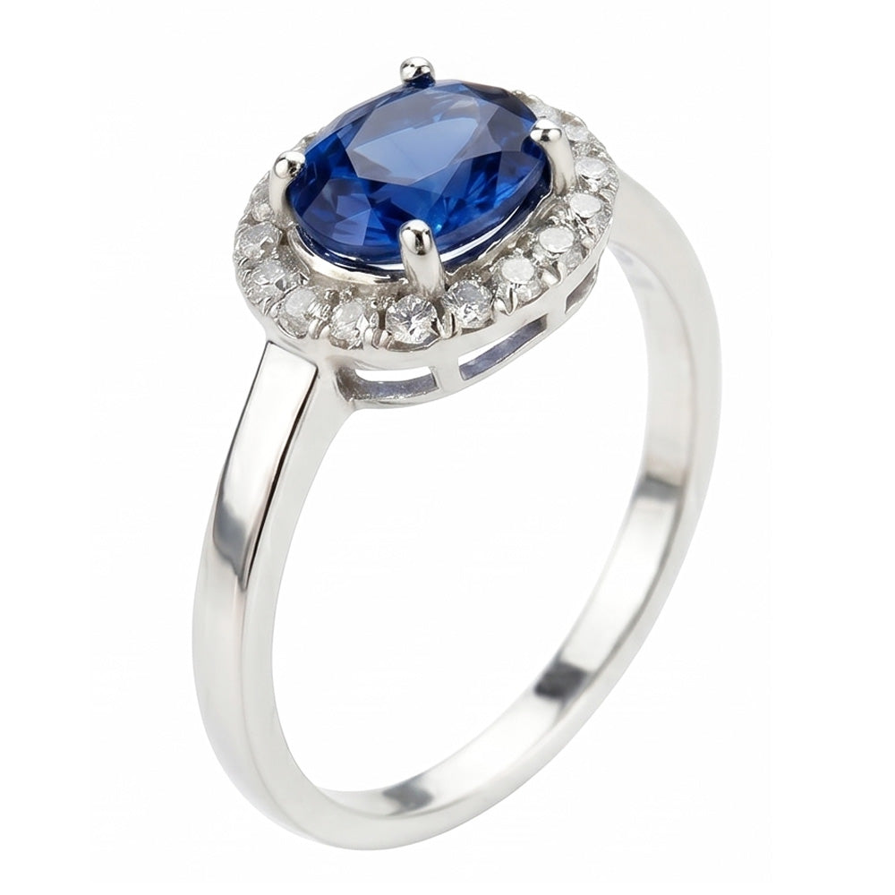 Anello in oro bianco 14K con zaffiro di Ceylon ovale da 2,40 ct e diamanti