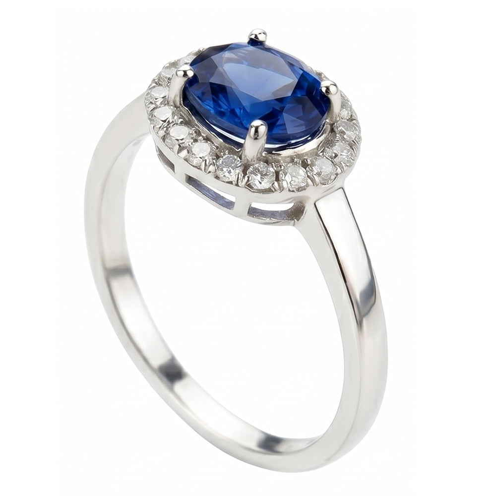 Anello in oro bianco 14K con zaffiro di Ceylon ovale da 2,40 ct e diamanti